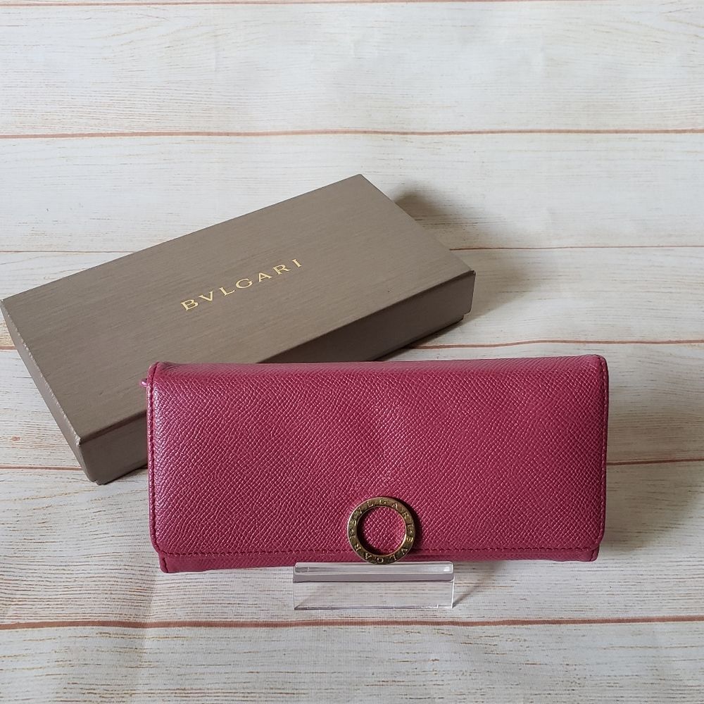 Bulgari Pebbled Leather Fold Over Long Wallet with Box and Authenticity Card